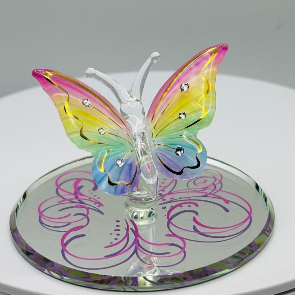 Rainbow Flutter Butterfly Glass Figurine | Colorful Crystal Accent Spring Decor
